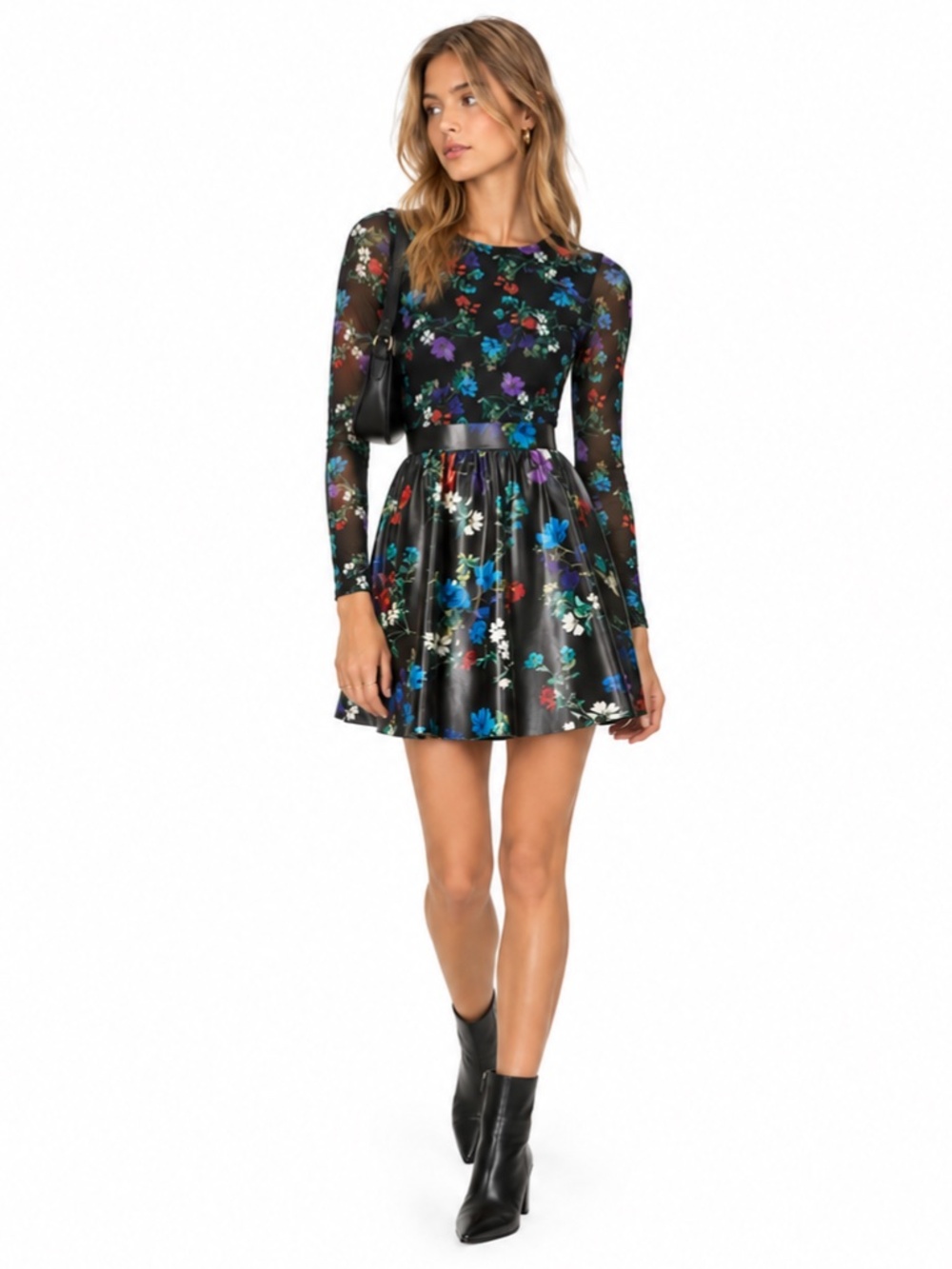 NWT Alice + Olivia Chara Mesh & Vegan Leather Floral Dress, Black